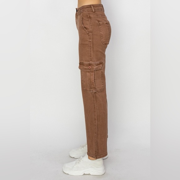 NWT RISEN PLUS + REG Size Espresso Brown High Rise Straight Leg 90s Cargo Jeans - Picture 5 of 10